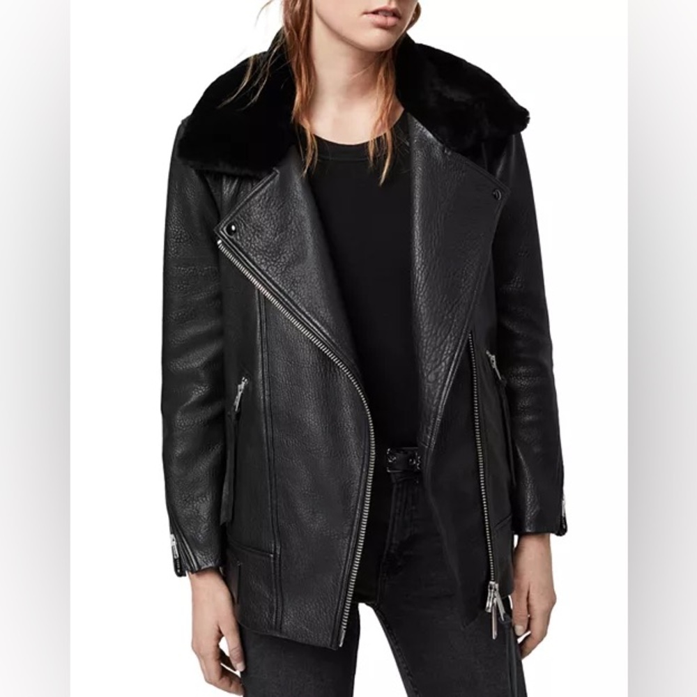 All Saints | Womens Maizie Shearling-Collar Leather Biker Jacket Size: Medium